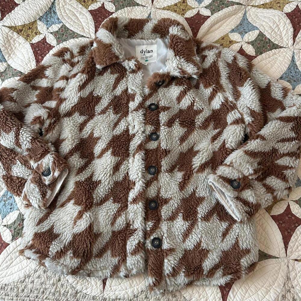 Dylan Anthropologie brown + cream houndstooth Sherpa teddy jacket Size M
